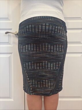 Matty M Black Multi-Blue Pattern Pencil Skirt